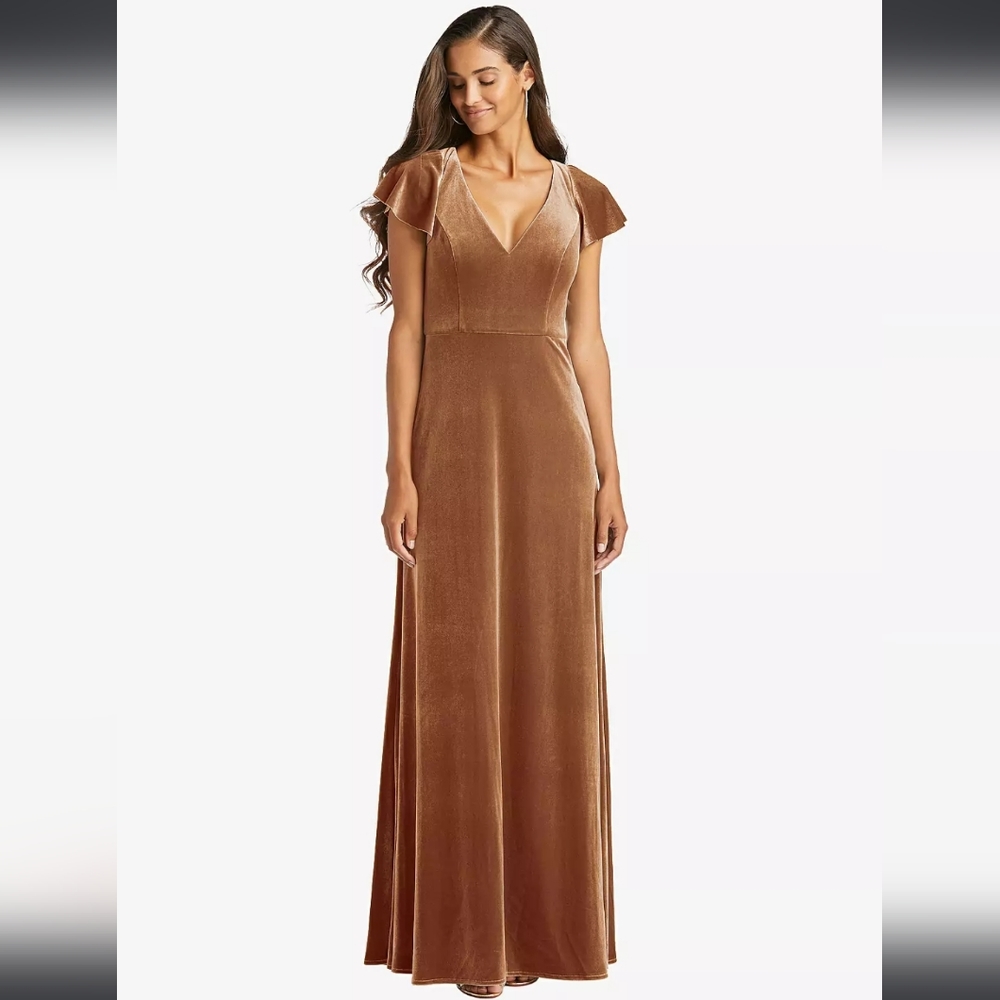 After Six Flutter Sleeve Velvet Maxi Dress With Pockets In Golden Almond